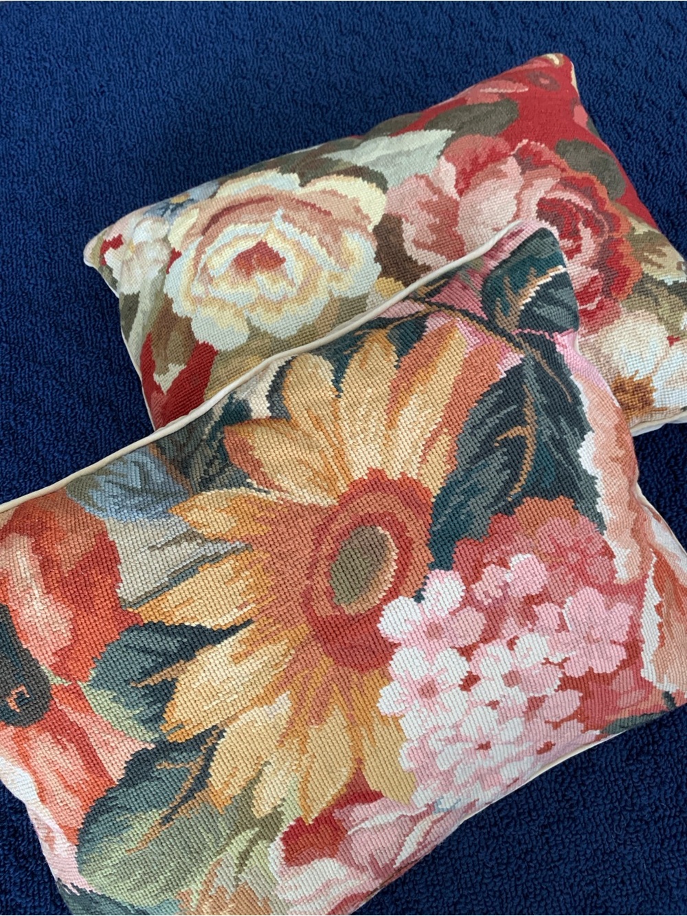 (2) VTG Floral Needlepoint Pillows 19” X 14”Velvet Backing Grandmacor